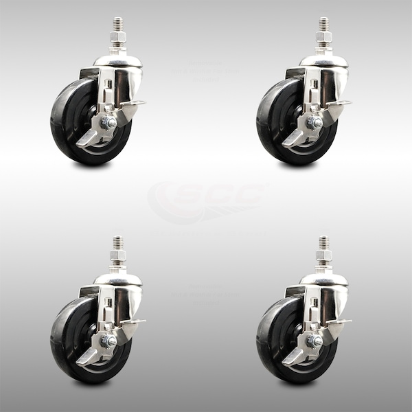 Service Caster 4 Inch 316SS Hard Rubber Wheel Swivel 12mm Threaded Stem Caster Set Brake SCC-SS316TS20S414-HRS-TLB-M1215-4 - main